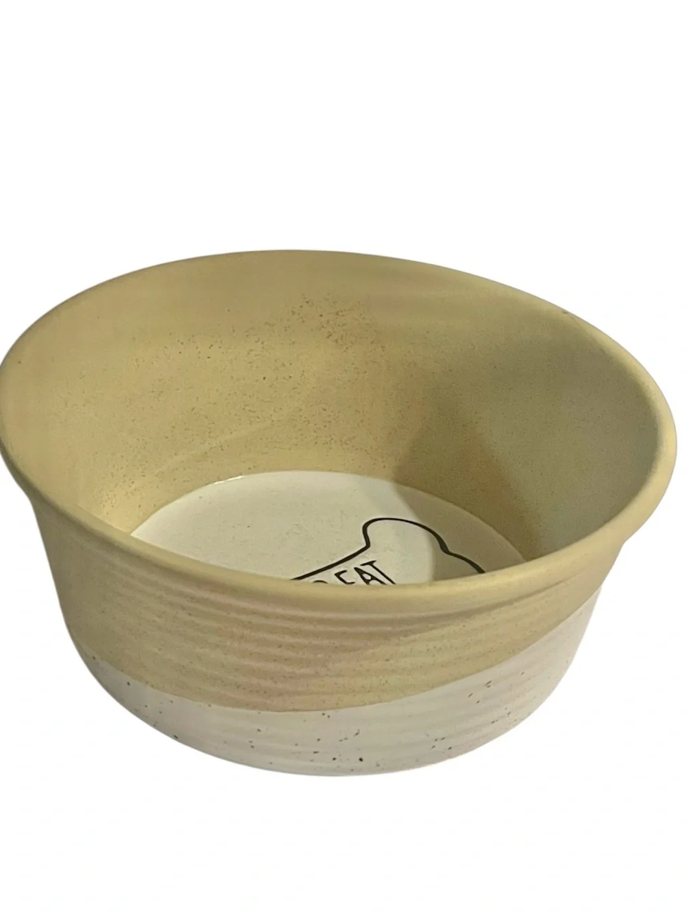 Top Paw Two Tone Ceramic Pet Bowl Gold/Cream “Lets Eat” Bone in Bottom 6” x 3”